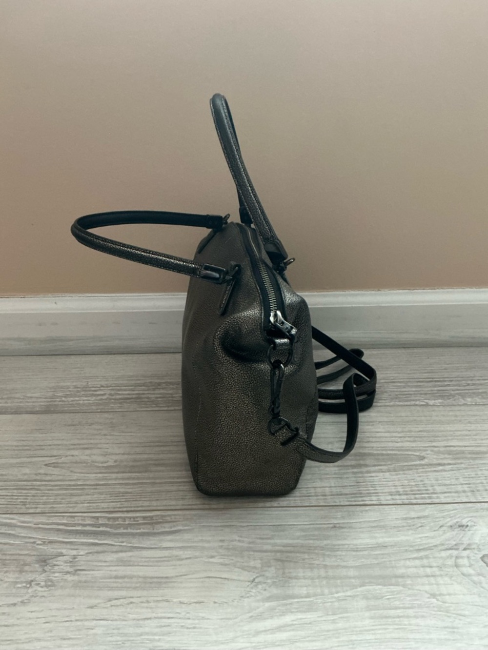 Coach Metallic Gunmetal Pebbled Leather Satchel with Strap - Picture 2 of 10